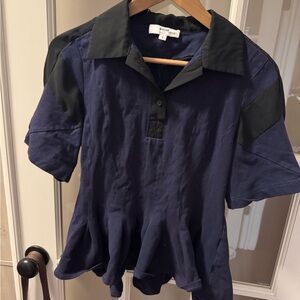 Koche Collective Knit Polo Top Pleated Peplum Navy Fitted Cinched Waist Sz Small